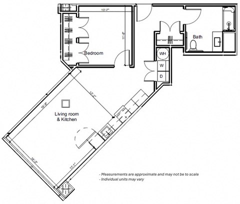 Floor plan for 1 bed, 1 bath, 821 sqft